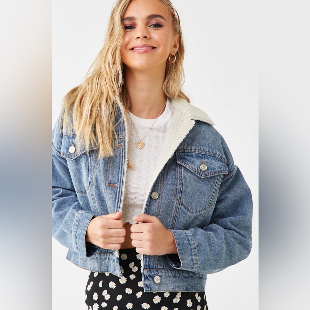 FOREVER21 Cropped Sherpa Denim Jacket - Picture 2 of 7